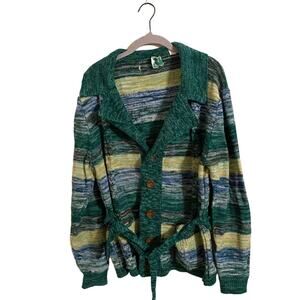 Vintage Anderson Little Green Striped Button Down Belted Cardigan Sweater